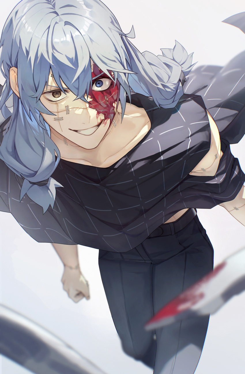1boy, absurdres, air_(ai_r_), belt, black_belt, black_pants, black_shirt, blood, blood_on_face, blood_on_weapon, blue_eyes, blue_hair, blurry, brown_eyes, clenched_hand, clenched_teeth, collarbone, constricted_pupils, cowboy_shot, depth_of_field, evil_grin, evil_smile, grid_print, grin, hair_between_eyes, hair_over_shoulder, heterochromia, highres, jujutsu_kaisen, leaning_forward, long_hair, looking_at_viewer, low-tied_long_hair, mahito_(jujutsu_kaisen), male_focus, pants, print_shirt, scar, scar_across_eye, shirt, sidelocks, simple_background, smile, solo, standing, stitched_arm, stitched_face, stitched_neck, stitches, teeth, torn_sleeve, v-shaped_eyebrows, weapon, white_background
