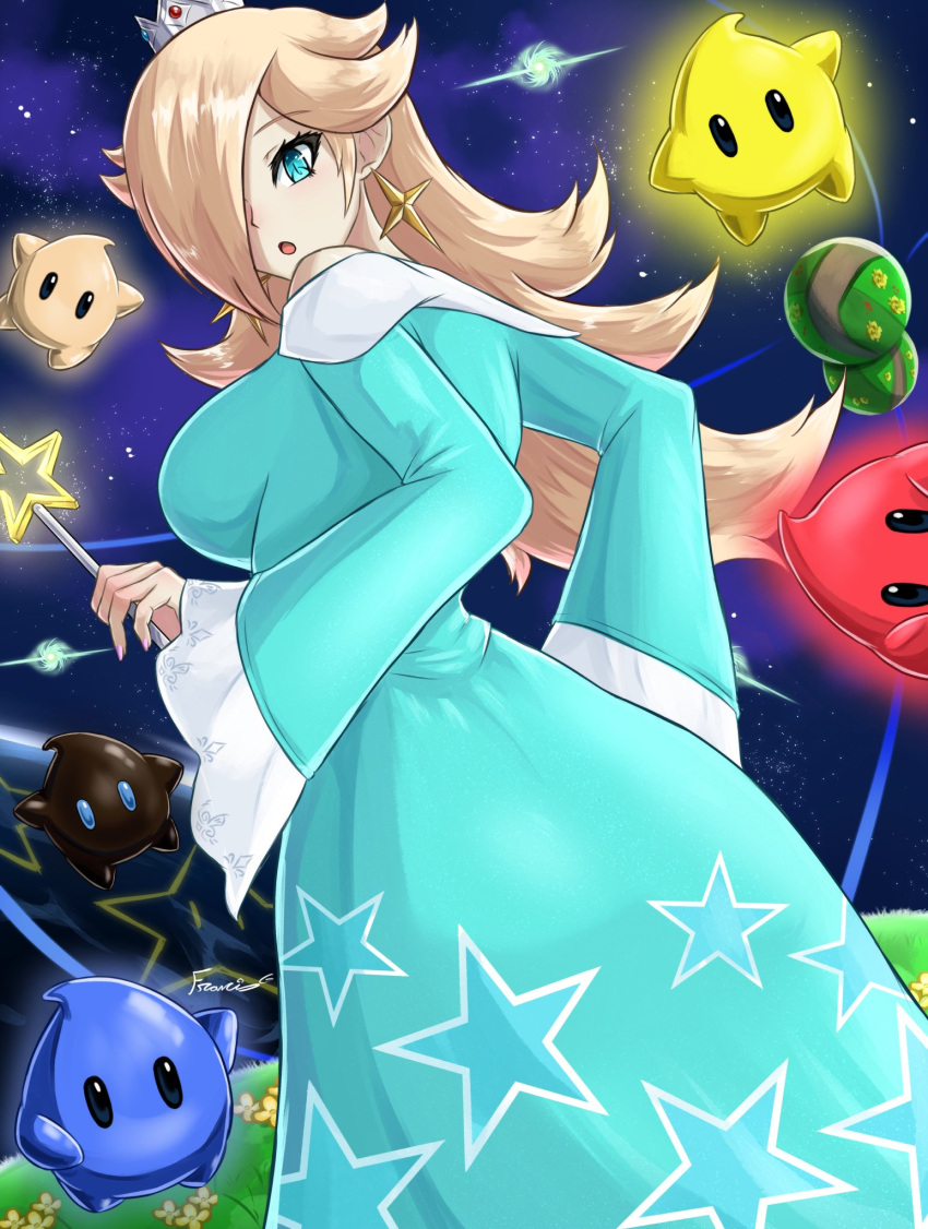 1girl, :o, blonde_hair, blue_dress, blue_eyes, crown, dress, earrings