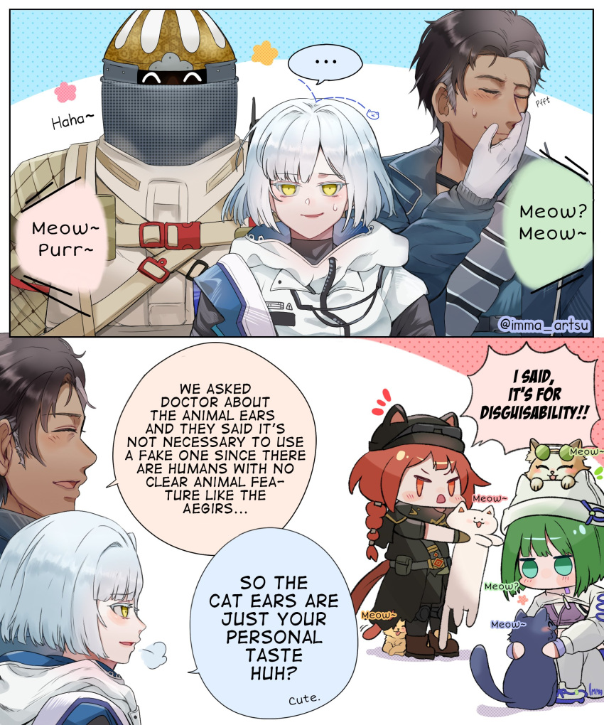 absurdres, animal, animal_ears, animal_on_head, arknights, ash_(rainbow_six_siege), ash_(ranger)_(rainbow_six_siege), baseball_cap, black_hair, blush, cat, cat_ears, cat_on_head, cat_tail, chibi, doc_(exhibition)_(rainbow_six_siege), doc_(rainbow_six_siege), ela_(rainbow_six_siege), ela_(safehouse)_(rainbow_six_siege), english_text, fake_animal_ears, fake_tail, giggling, green_hair, grey_hair, hat, highres, holding, holding_animal, holding_cat, iana_(mirrormaze)_(rainbow_six), iana_(rainbow_six), imma_artsu, official_alternate_costume, on_head, rainbow_six_siege, redhead, tachanka_(lord)_(rainbow_six_siege), tachanka_(rainbow_six_siege), tail, white_hair