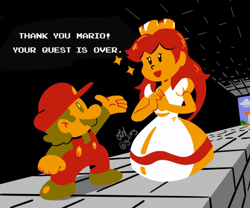 colored_skin, cory_g, crown, dress, english_text, hat, height_difference, long_hair