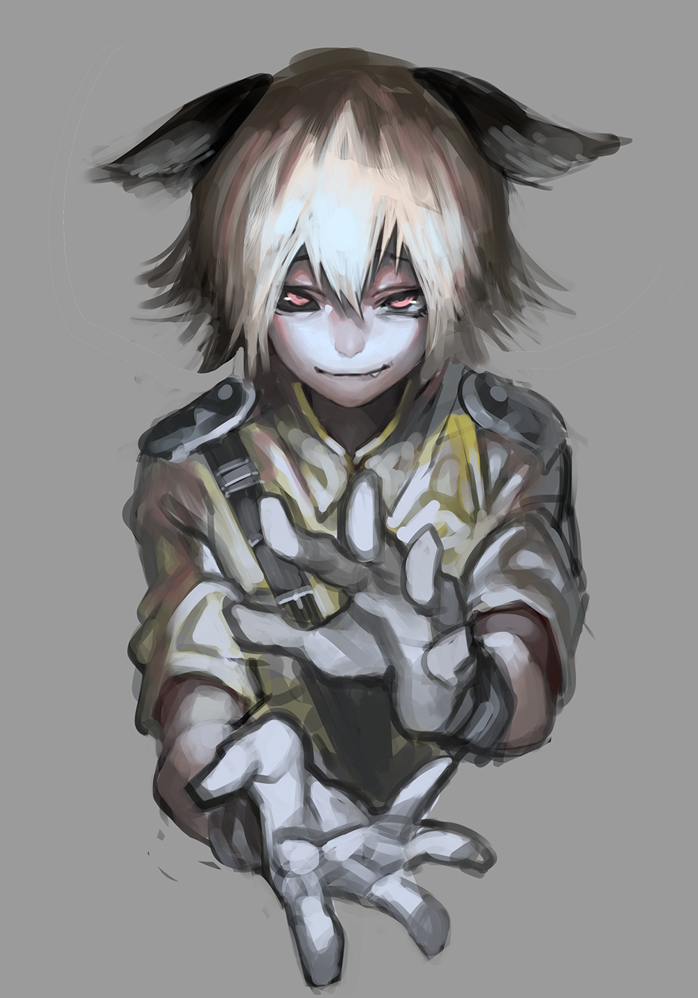 1boy, animal_ears, azuki_(azuki-taste), blonde_hair, cat_boy, cat_ears, gloves, grey_background