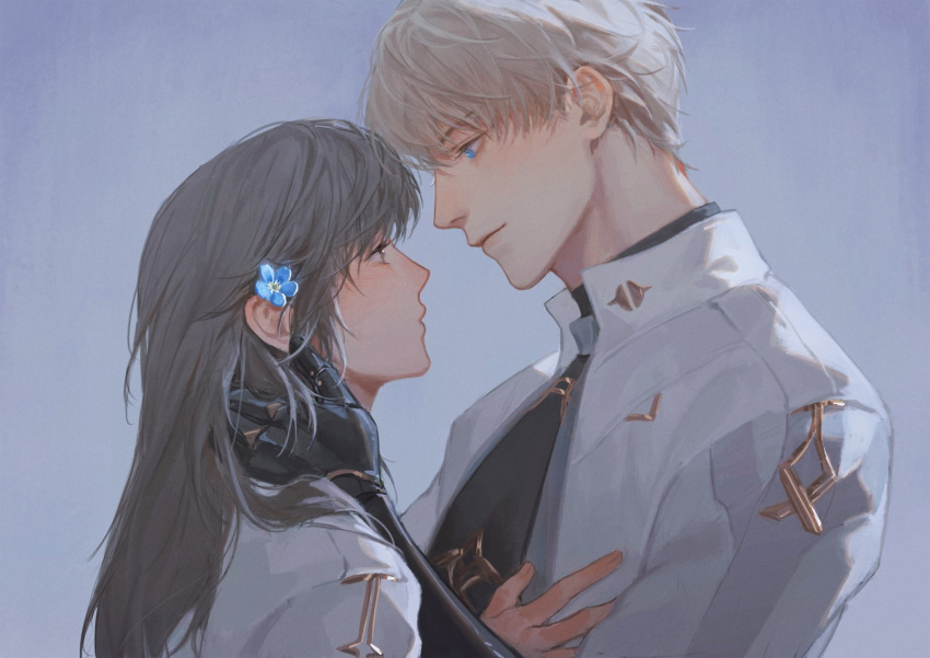 1boy, 1girl, black_gloves, black_hair, blue_eyes, blue_flower, blush, brown_eyes, closed_mouth, coat, couple, elbow_gloves, eye_contact, flower, from_side, gloves, hair_flower, hair_ornament, hand_on_another's_neck, hetero, highres, long_hair, long_sleeves, looking_at_another, love_and_deepspace, open_clothes, open_coat, orihara0820, protagonist_(love_and_deepspace), short_hair, upper_body, white_coat, white_hair, xavier_(love_and_deepspace)