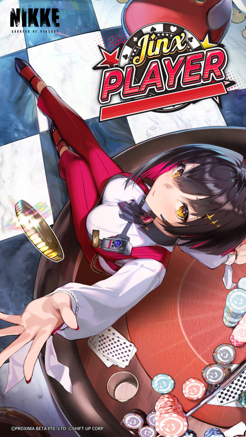 1girl, black_hair, coin, colored_inner_hair, from_above, goddess_of_victory:_nikke, high_heels, highres