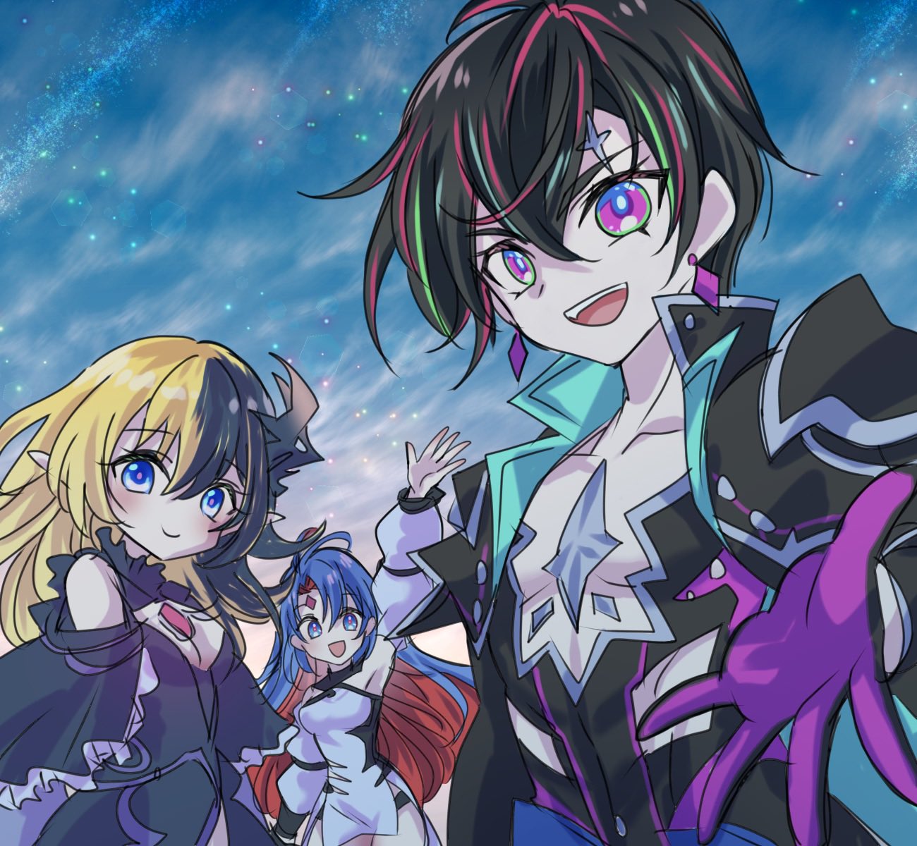 1boy, 2girls, ahoge, alta_(shironeko_project), black_coat, black_hair, blue_eyes, blue_hair