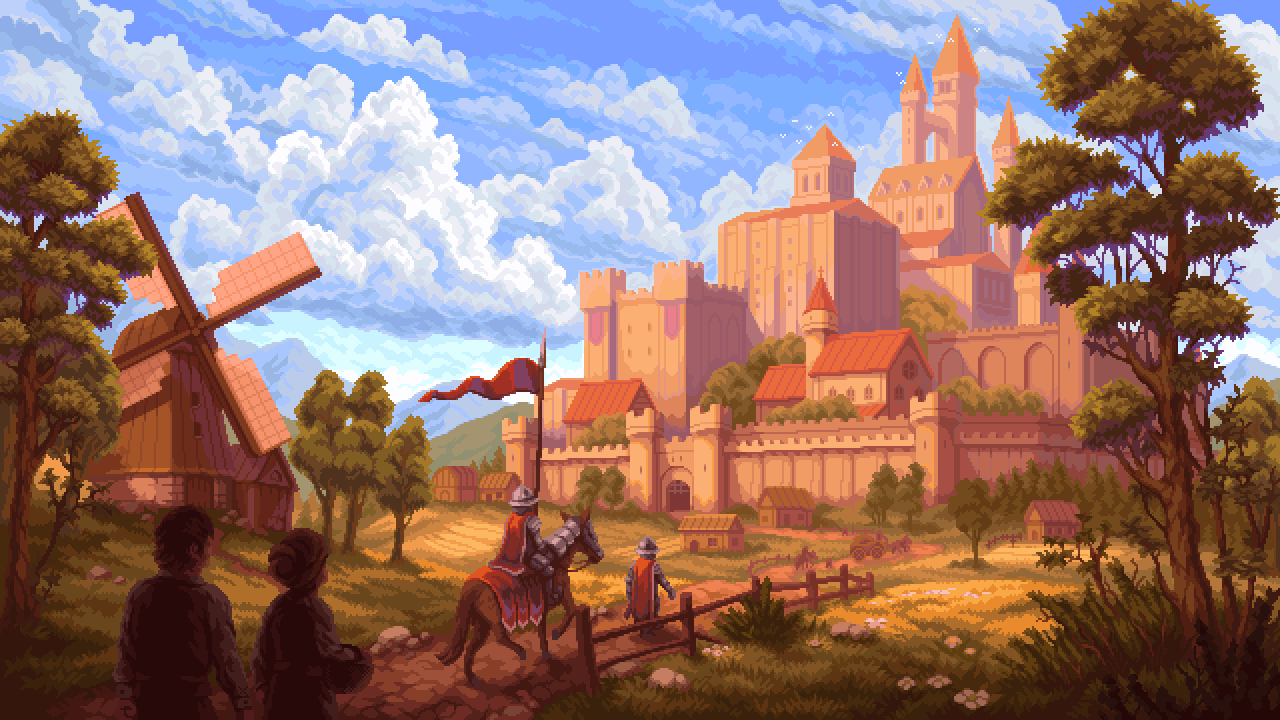 barding, blue_sky, castle, clouds, day, flagpole, flower, grass