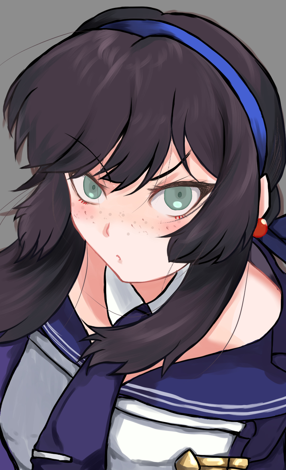 1girl, blue_hairband, blue_ribbon, blunt_sidelocks, breasts, brown_hair, freckles, green_eyes
