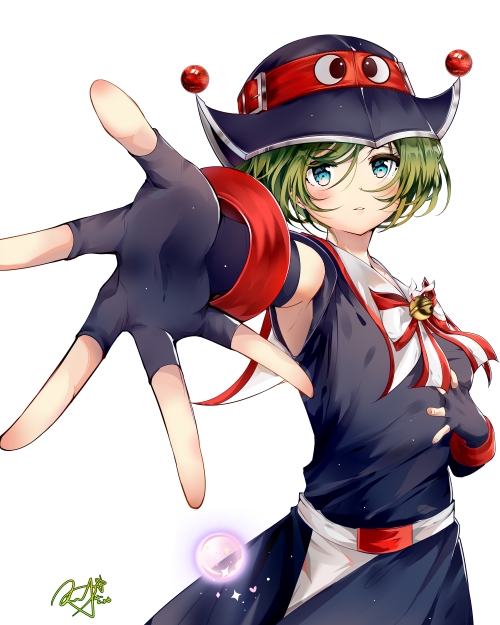 1girl, armpits, bell, belt, blue_eyes, bow, bowtie, cuffs, dress, ebm7-5, elbow_gloves, fingerless_gloves, frown, gloves, green_hair, hat, jingle_bell, kartrider, light_blush, looking_at_viewer, magic, open_hand, orb, red_belt, short_hair, signature, simple_background, solo, sprinkles, tiera_(kartrider), white_background, white_belt, witch_hat, wrist_cuffs