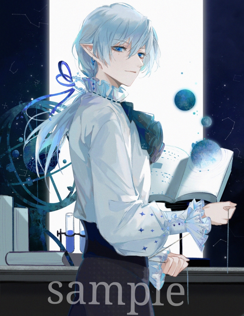 1boy, adjusting_clothes, armillary_sphere, ascot, black_ascot, black_corset, black_pants, blue_eyes