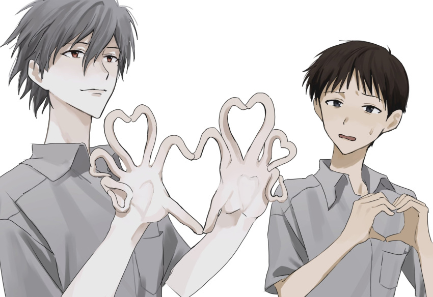 2boys, blue_eyes, body_horror, breast_pocket, brown_hair, closed_mouth, collared_shirt, expressionless, grey_hair, hair_between_eyes, hands_up, heart, heart_hands, highres, ikari_shinji, looking_ahead, male_focus, multiple_boys, nagisa_kaworu, narrowed_eyes, neon_genesis_evangelion, nervous_sweating, open_mouth, paupauuu_u, pocket, red_eyes, shirt, short_sleeves, simple_background, sweat, sweatdrop, upper_body, white_background, white_shirt