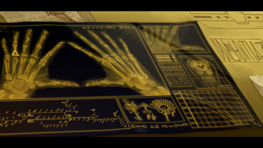 fake_text, graph, gravity_falls, hand_focus, highres, no_humans, note, skeleton, stafsar, symbolism, triangle, x-ray, yellow_theme