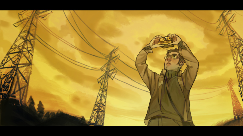 1boy, arms_up, bag, camera, glasses, gravity_falls, grey_hair, grey_jacket