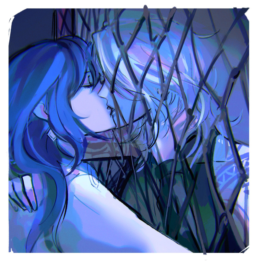 2girls, black_hair, black_shirt, border, chain-link_fence, chief_(path_to_nowhere), closed_eyes, commentary, earrings, english_commentary, female_chief_(path_to_nowhere), fence, grey_hair, highres, jewelry, kiss, long_hair, medium_hair, multiple_girls, path_to_nowhere, shirt, shoulder_tattoo, sleeveless, sleeveless_shirt, tattoo, white_border, ymr18, yuri, zoya_(path_to_nowhere)