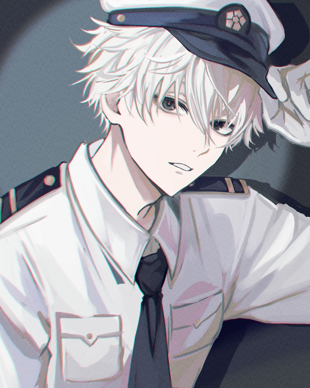 1boy, black_necktie, blue_lock, breast_pocket, collared_shirt, grey_eyes, hair_between_eyes, harenzero, hat, highres, looking_at_viewer, male_focus, military_hat, military_uniform, nagi_seishirou, necktie, parted_lips, peaked_cap, pocket, sailor_collar, sailor_hat, sailor_shirt, shadow, shirt, short_hair, solo, spotlight, teeth, upper_body, white_hair, white_shirt