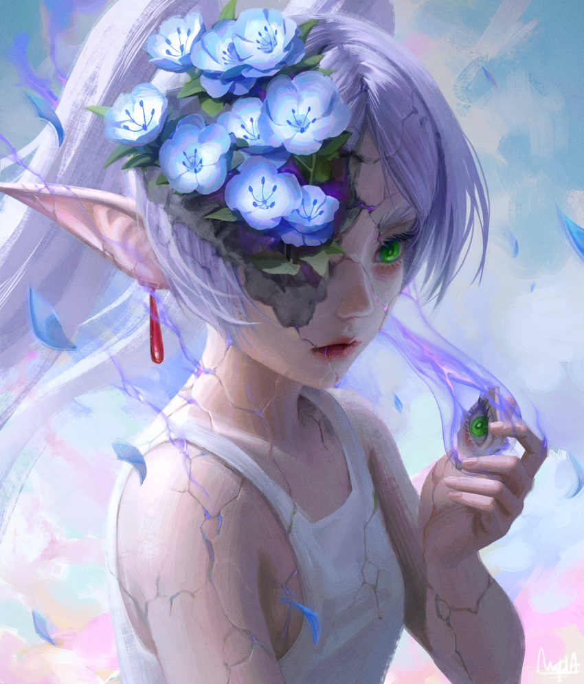 1girl, absurdres, breasts, earrings, elf, flower, frieren, green_eyes