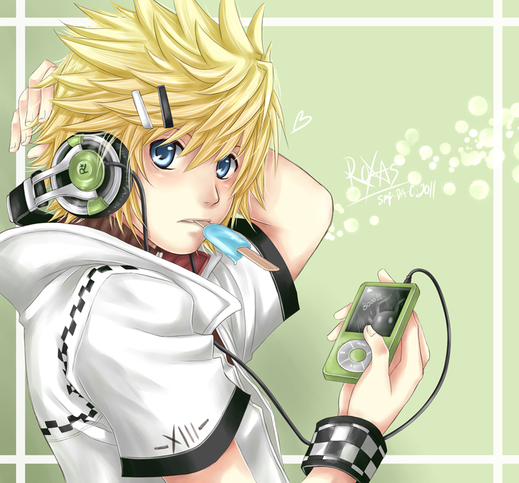 1boy, arm_up, blonde_hair, blue_eyes, border, character_name, checkered_clothes, dated