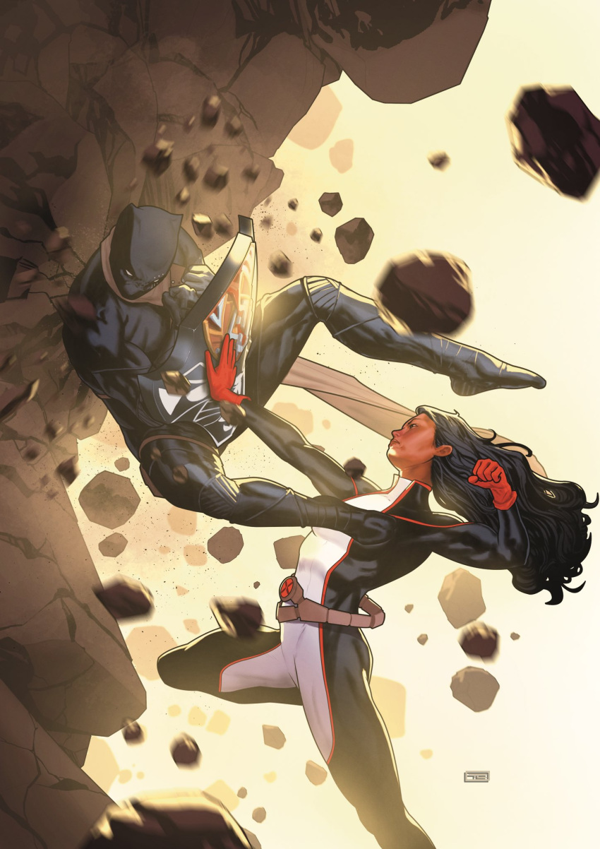 1boy, 1girl, belt, black_bodysuit, black_hair, black_panther_(marvel), bodysuit, clenched_hand
