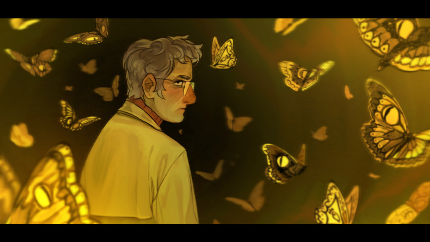 1boy, black_eyes, bug, butterfly, glasses, gravity_falls, grey_hair, highres