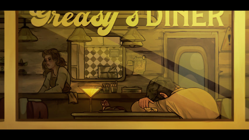 !, 1boy, 1girl, apron, brown_apron, brown_hair, cafe, character_request