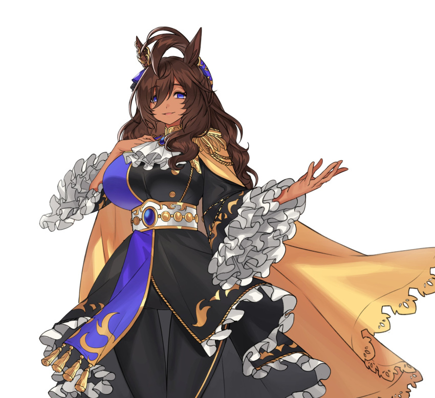 1girl, ascot, blue_gemstone, cape, commentary, cowboy_shot, dark-skinned_female, dark_skin