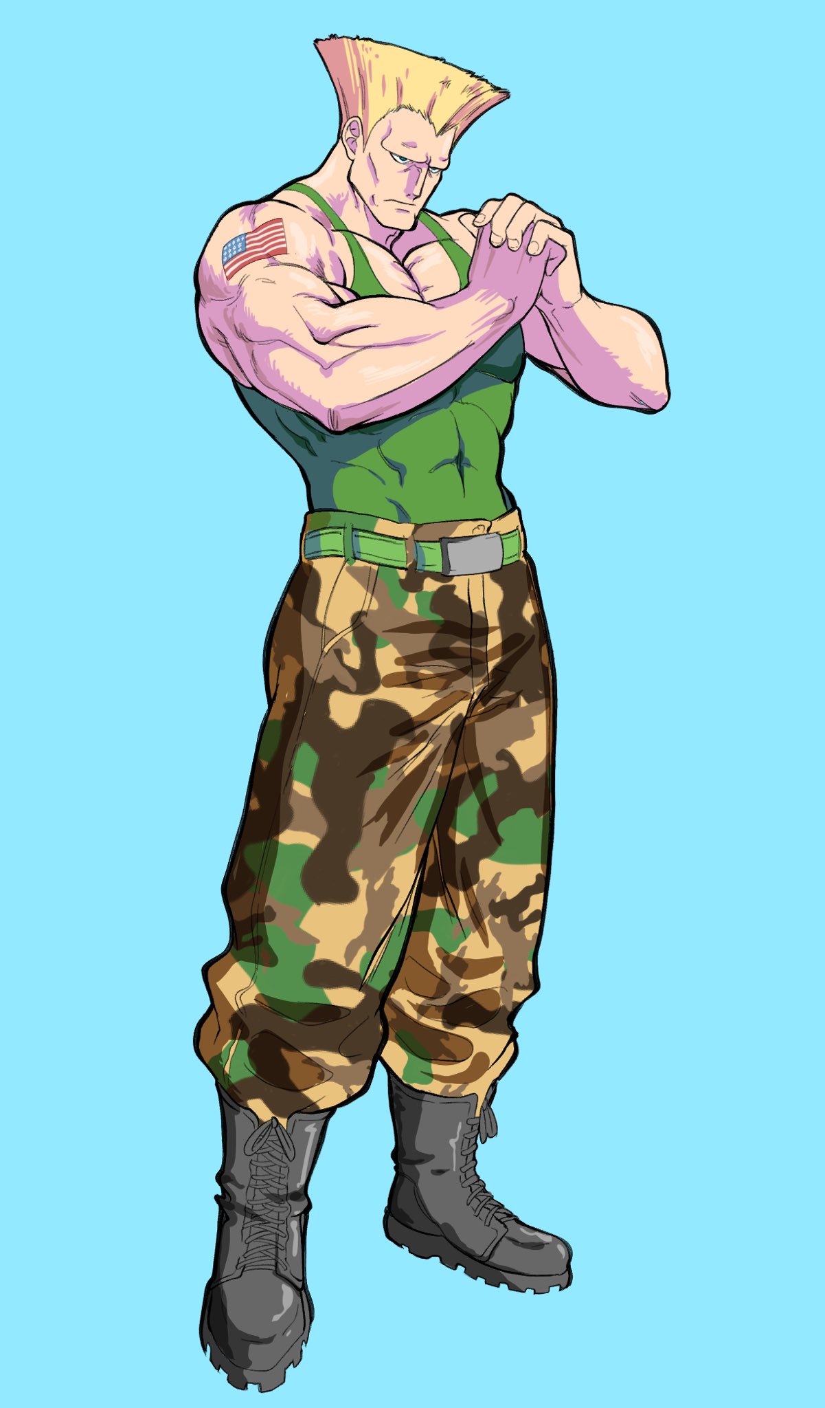 1boy, american_flag_tattoo, arm_tattoo, biceps, black_footwear, blue_background, boots, camouflage, camouflage_pants, covered_abs, flag_tattoo, full_body, green_tank_top, guile, highres, muscular, muscular_male, octavius_(octavius_dp), own_hands_together, pants, simple_background, solo, standing, street_fighter, tank_top, tattoo
