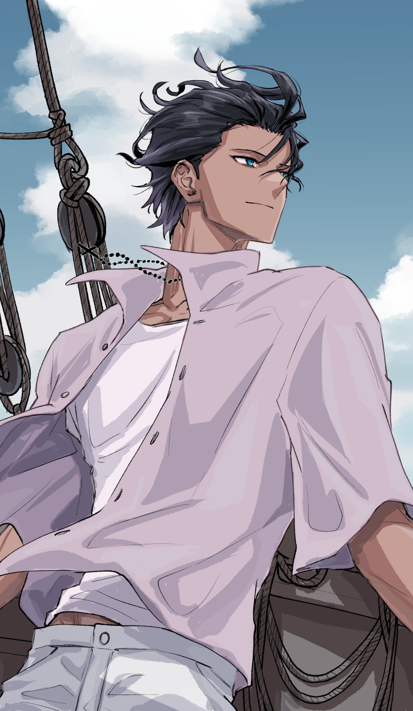 1boy, absurdres, bartholomew_roberts_(fate), black_hair, blue_eyes, cross_pendant, dark-skinned_male, dark_skin