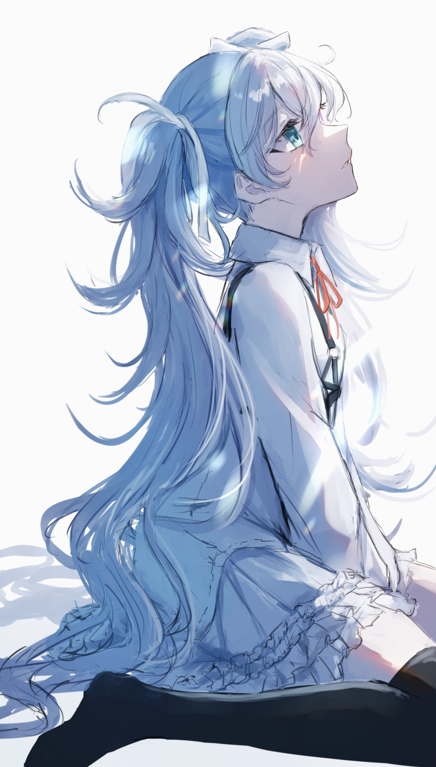 1girl, 25-ji_miku, absurdres, aqua_eyes, arms_between_legs, black_thighhighs, collared_dress, dress