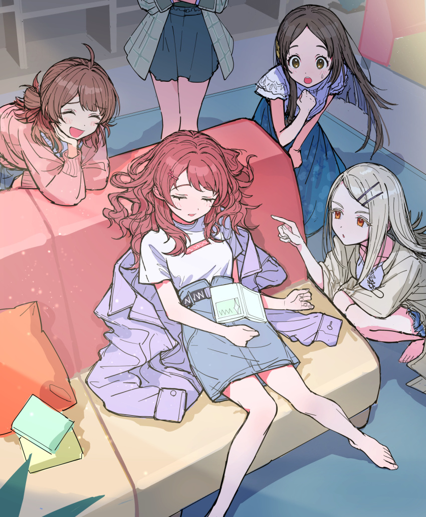 5girls, ^_^, ahoge, bare_legs, blush, brown_hair, closed_eyes, gakuen_idolmaster
