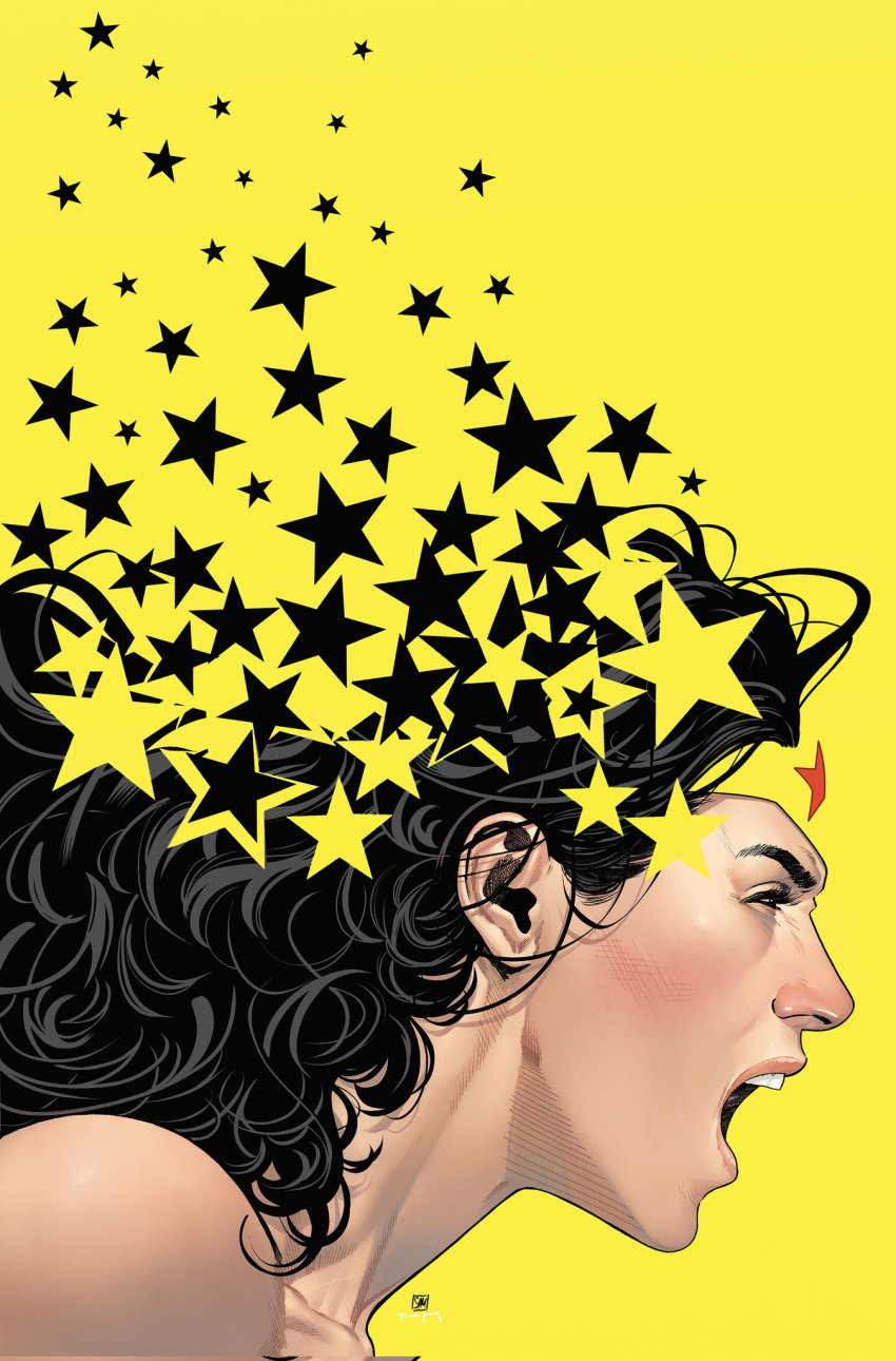1girl, artist_collaboration, black_hair, dc_comics, diana_prince, disintegration, from_side, highres, long_hair, open_mouth, portrait, sampere_art, shouting, simple_background, solo, star_(symbol), teeth, tomeu_morey, upper_teeth_only, wonder_woman, wonder_woman_(series), yellow_background