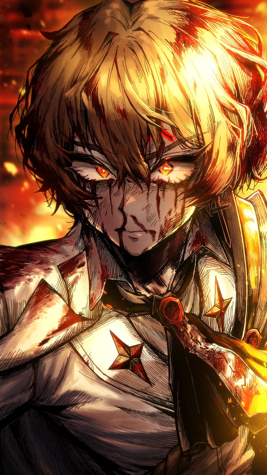 1boy, ascot, black_ascot, blonde_hair, blood, blood_on_face, closed_mouth, cross