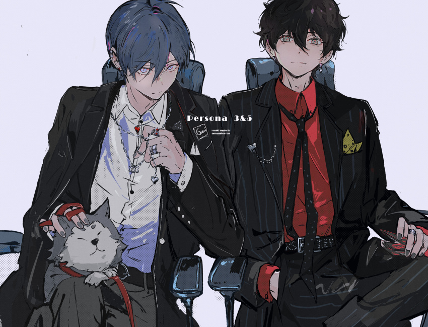 2boys, alternate_costume, amamiya_ren, black_hair, black_jacket, black_nails, black_necktie, black_pants