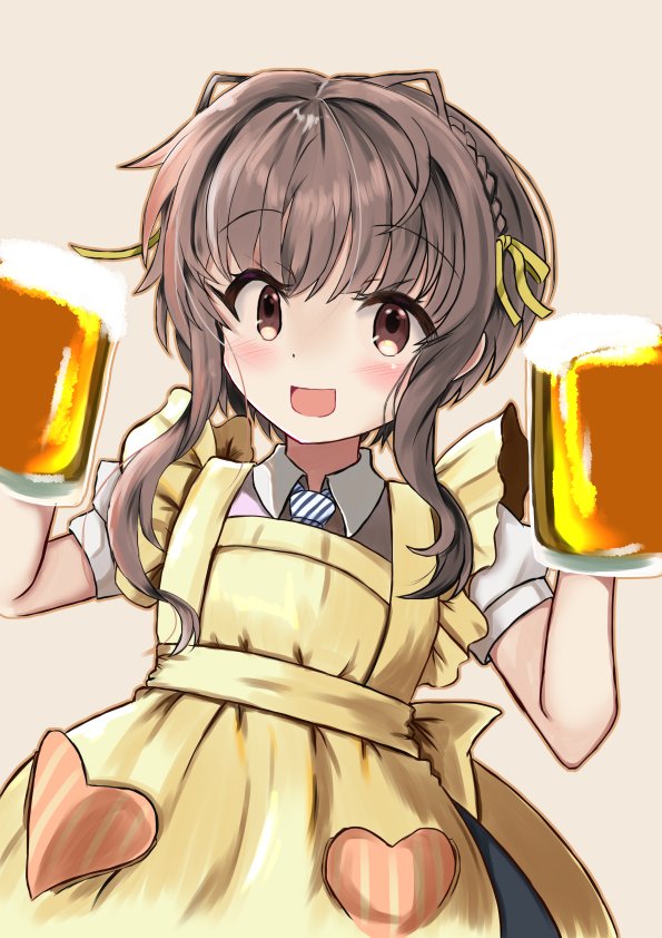 1girl, alcohol, apron, beer, beer_mug, black_hair, braid, brown_eyes