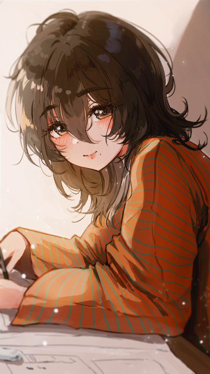 1girl, absurdres, bbeedol, black_hair, blush, hair_between_eyes, highres, holding