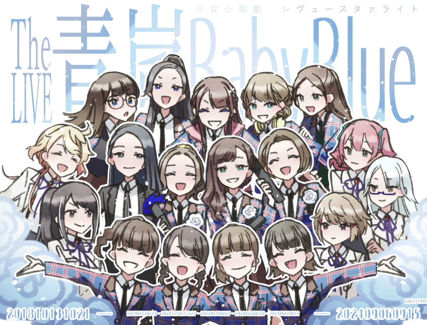>:), 6+girls, :d, ^_^, ahoge, akemitsu_nanaha, aqua_ribbon, black-framed_eyewear