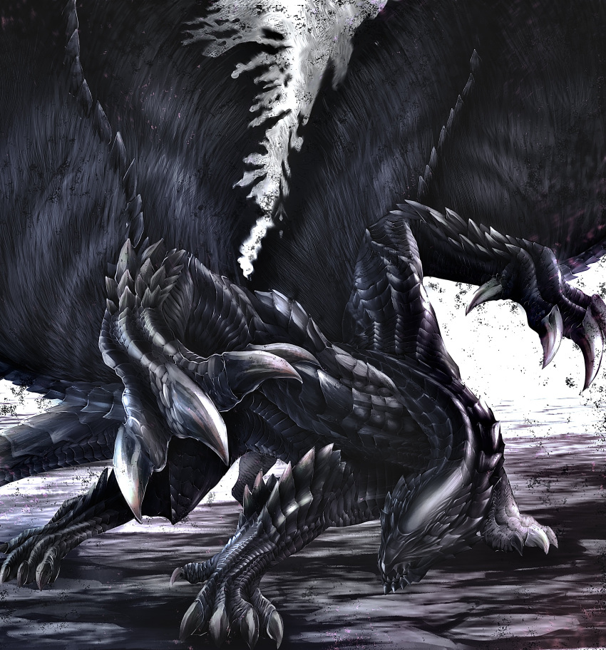 absurdres, black_scales, claws, dragon, dragon_wings, gore_magala, highres, horns