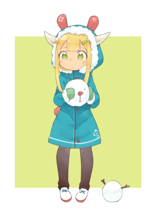1girl, blonde_hair, blue_hoodie, border, closed_mouth, commentary_request, dot_mouth, full_body
