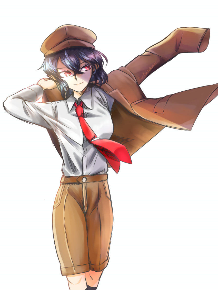 1girl, black_hair, black_socks, breasts, brown_hat, brown_jacket, brown_shorts, cabbie_hat, closed_mouth, collared_shirt, commentary_request, flat_cap, happy, hat, highres, jacket, kneehighs, konton_hakusai, long_sleeves, necktie, no_wings, open_clothes, open_jacket, red_eyes, red_necktie, shameimaru_aya, shameimaru_aya_(newsboy), shirt, short_hair, shorts, simple_background, small_breasts, smile, socks, solo, suit_jacket, tie_clip, touhou, upper_body, white_background, white_shirt
