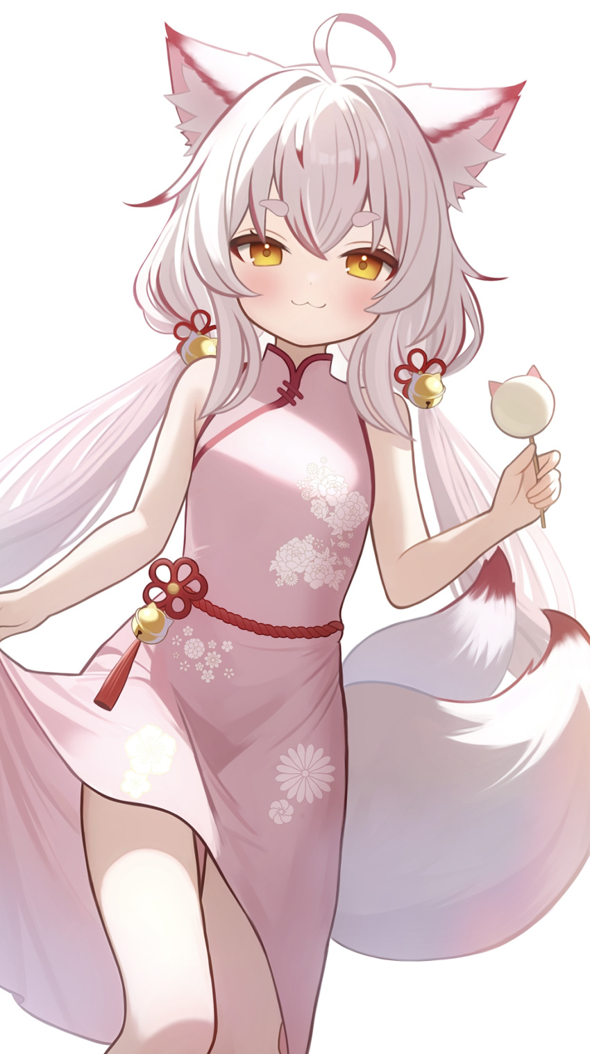 1girl, :3, absurdres, ahoge, animal_ear_fluff, animal_ears, bare_arms, bell