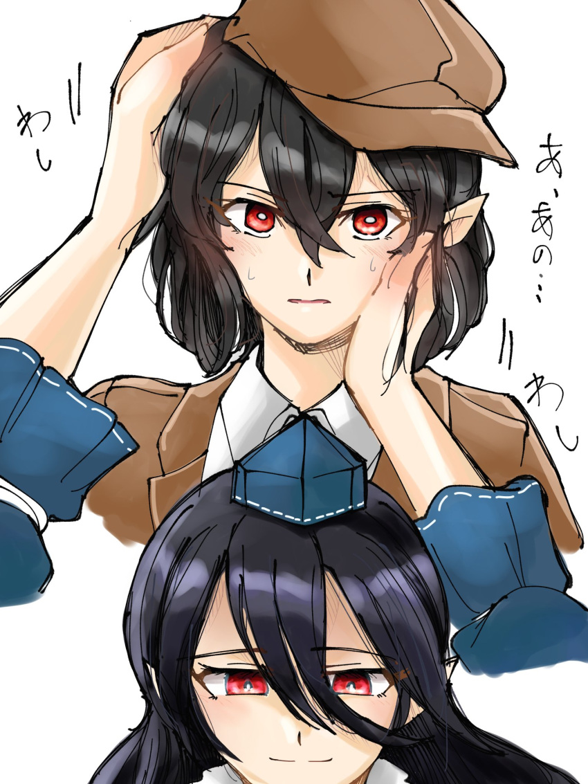 2girls, black_hair, blue_dress, brown_hat, brown_jacket, cabbie_hat, closed_mouth, collared_shirt