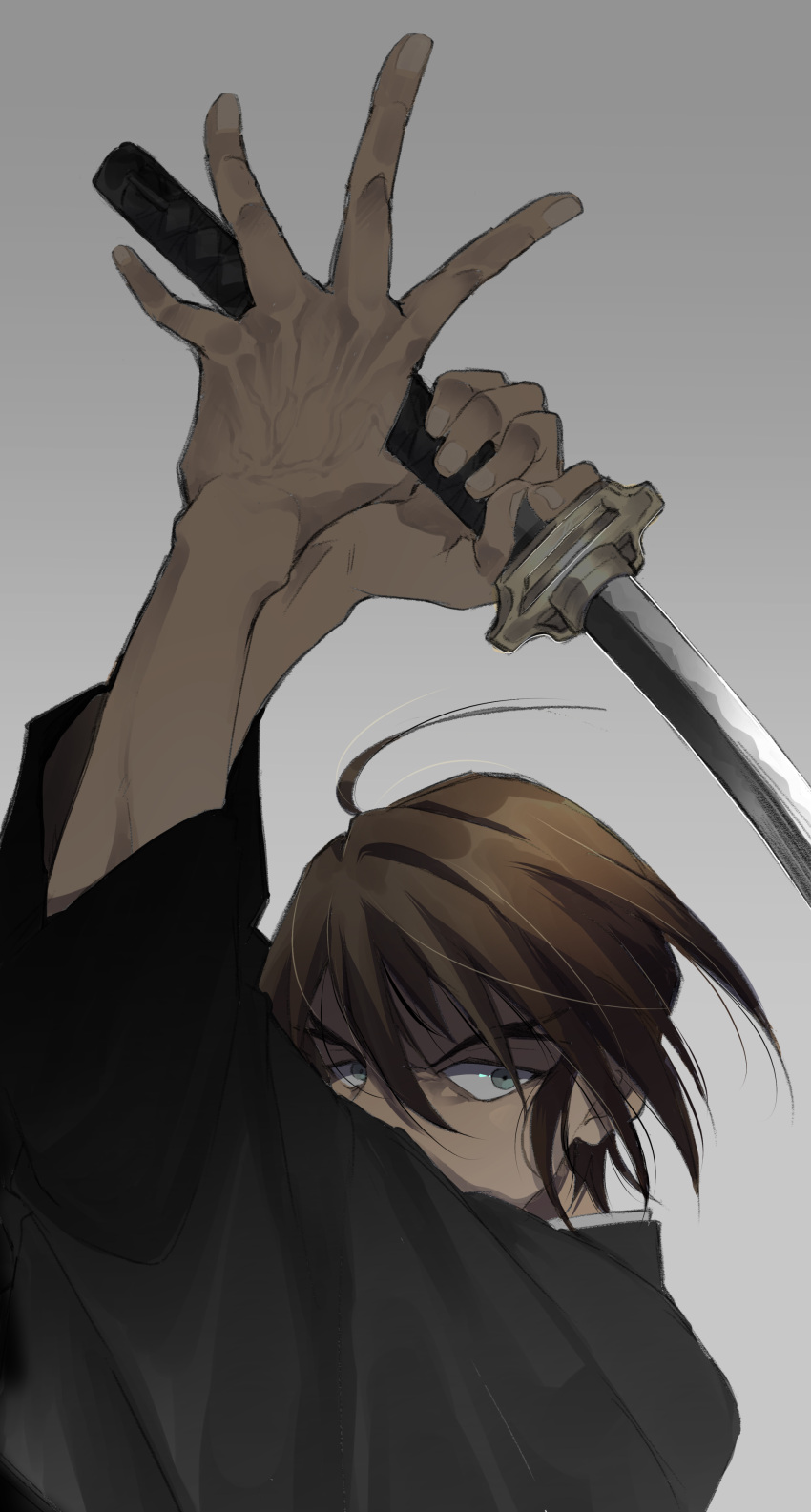 1boy, absurdres, arms_up, brown_hair, commentary_request, covering_own_mouth, floating_hair, forked_eyebrows, fukushiro_hijiri, green_eyes, highres, holding, holding_sword, holding_weapon, japanese_clothes, katana, looking_to_the_side, male_focus, maniacgraffitti, meitantei_conan, short_hair, solo, sword, upper_body, weapon