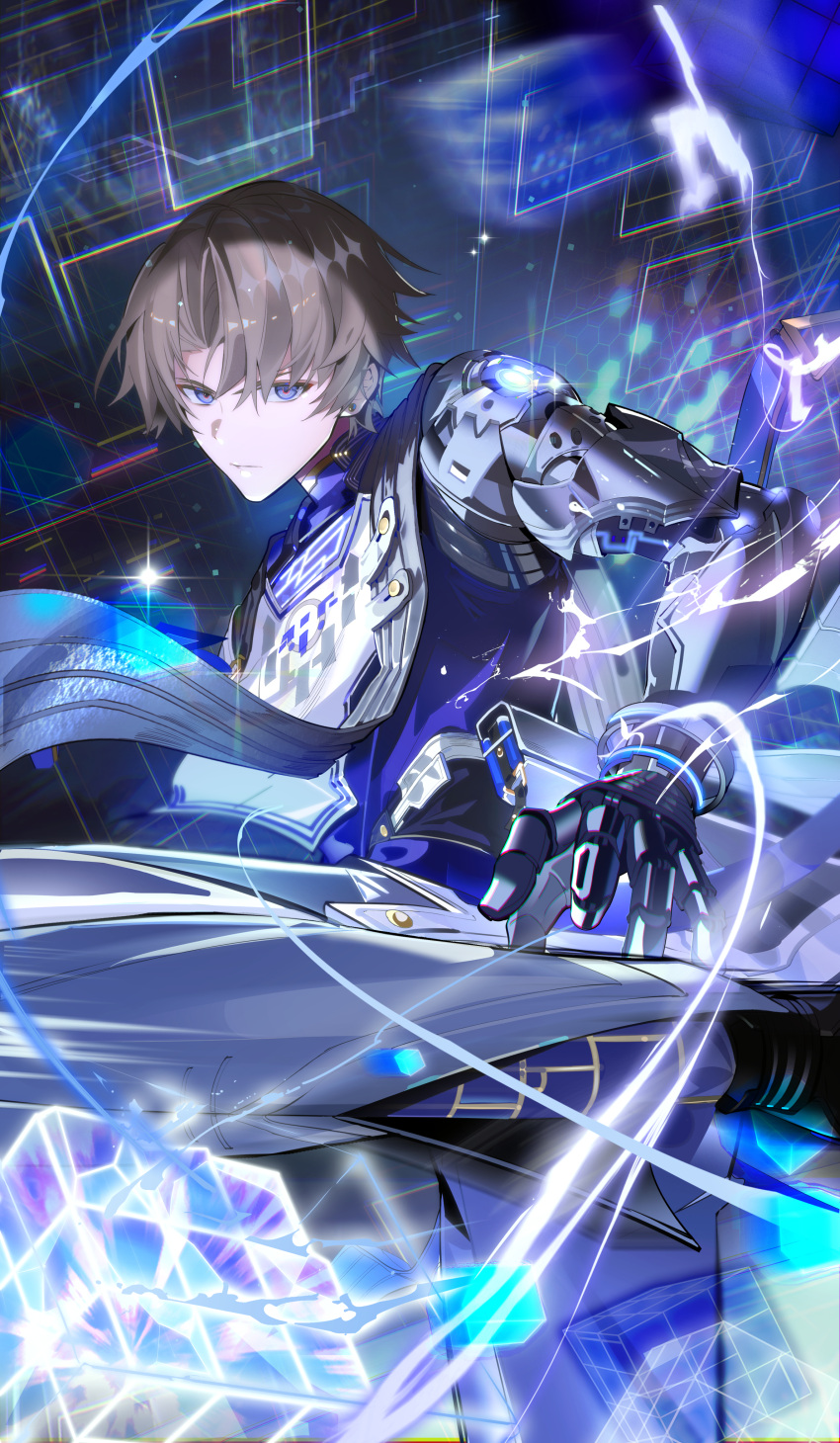 1boy, absurdres, blue_eyes, blue_shirt, brown_hair, closed_mouth, coat, commentary, cube, daymera, earrings, electricity, highres, id_card, incoming_kick, jewelry, looking_at_viewer, male_focus, mechanical_arms, mechanical_hands, pants, parted_bangs, shirt, short_hair, single_mechanical_arm, single_mechanical_hand, solo, stud_earrings, white_coat, white_pants, wuthering_waves, xiangli_yao