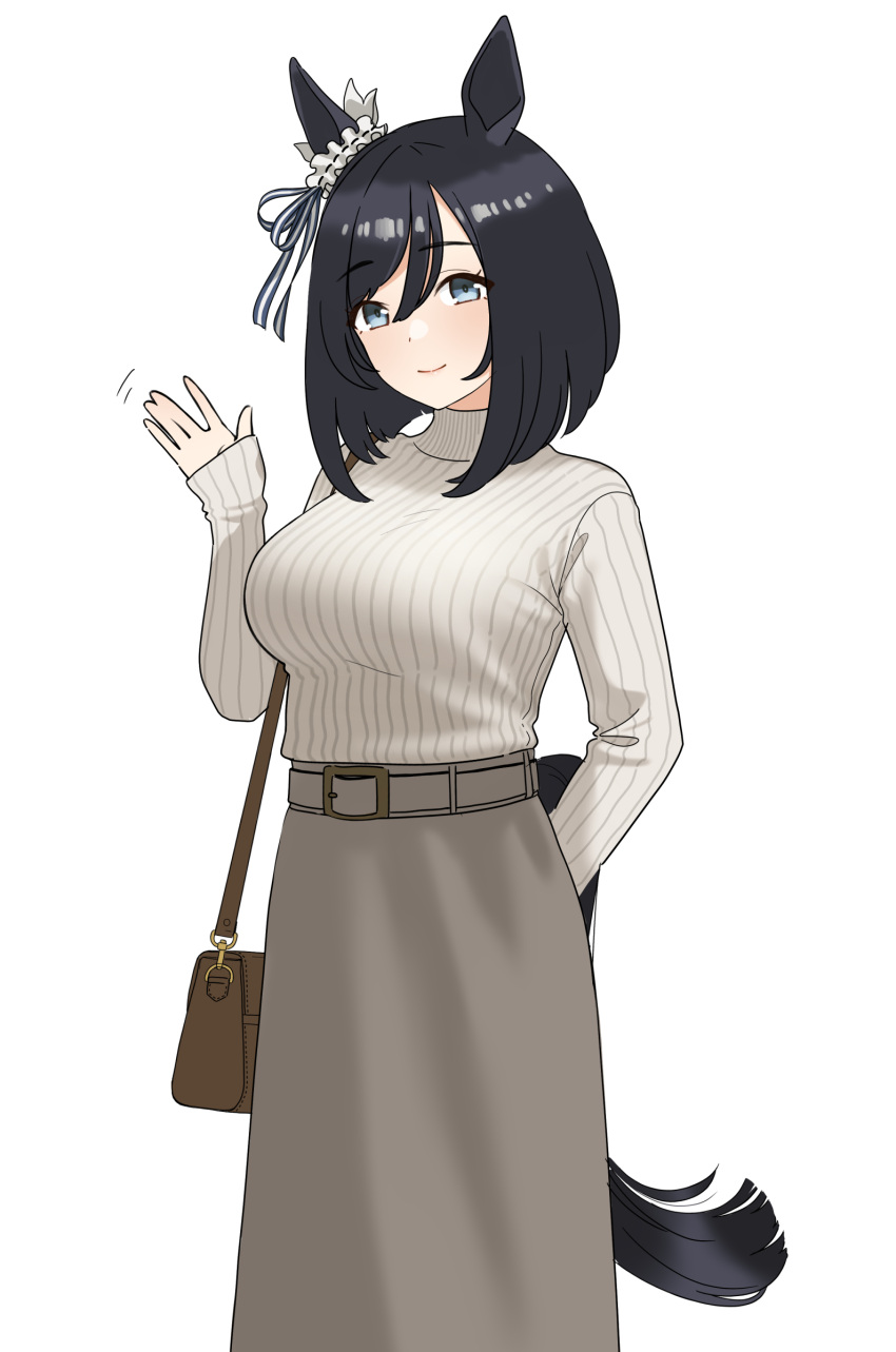 1girl, alternate_costume, animal_ears, arm_behind_back, bag, blue_eyes, breasts, brown_bag, brown_skirt, cowboy_shot, ear_scrunchie, eishin_flash_(umamusume), hair_between_eyes, handbag, highres, horse_ears, horse_girl, large_breasts, long_skirt, long_sleeves, looking_at_viewer, ribbed_sweater, scrunchie, simple_background, skirt, sleeves_past_wrists, smile, solo, sweater, tikatetu7facty, turtleneck, turtleneck_sweater, umamusume, waving, waving_arm, white_background, white_scrunchie, white_sweater