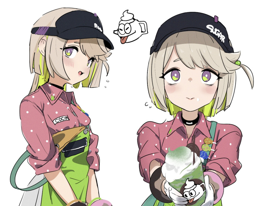 1girl, apron, black_choker, black_hat, breasts, brown_hair, candy, choker