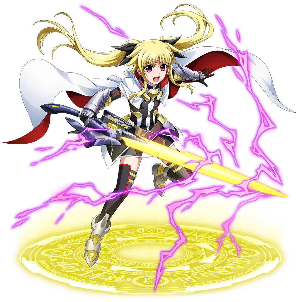 1girl, armored_boots, armored_gloves, bardiche_(blitz_saber_form)_(nanoha), bardiche_(nanoha), black_dress, black_gloves, blonde_hair