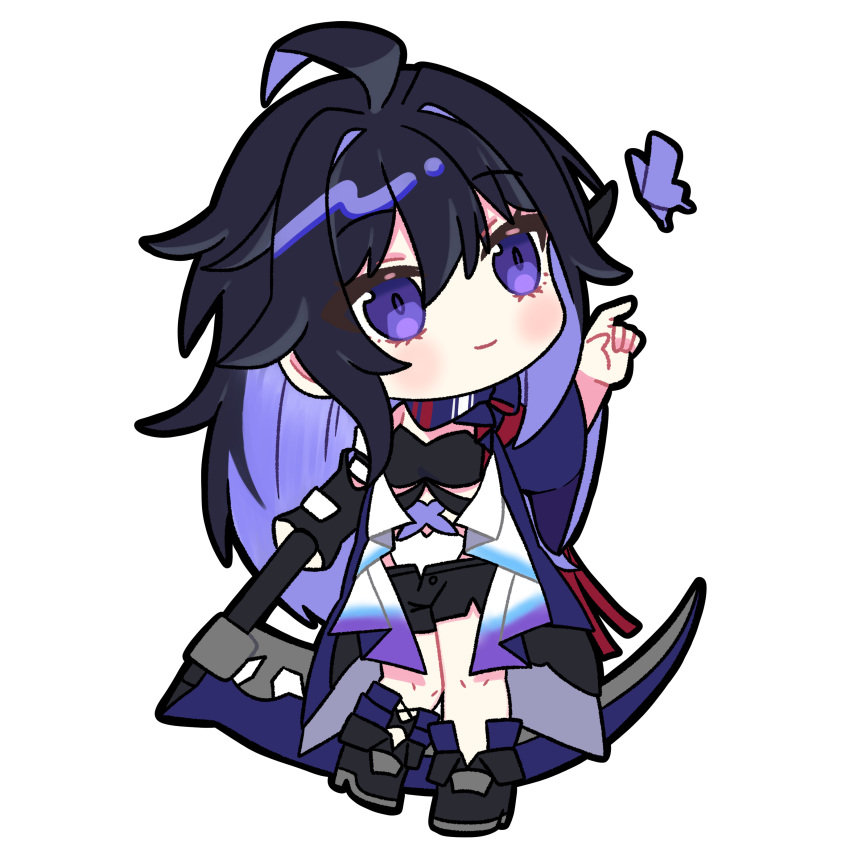 1girl, absurdres, ahoge, amaya2002714, black_bra, black_footwear, black_hair, black_shorts, blush, bra, bug, butterfly, colored_inner_hair, commentary_request, deformed, full_body, hair_between_eyes, hair_intakes, highres, holding, holding_scythe, holding_weapon, honkai:_star_rail, honkai_(series), long_hair, looking_at_animal, multicolored_hair, no_nose, pointing, purple_butterfly, purple_hair, purple_scarf, scarf, scarf_choker, scythe, seele_(honkai:_star_rail), shoes, short_shorts, shorts, simple_background, smile, solo, underwear, violet_eyes, weapon, white_background