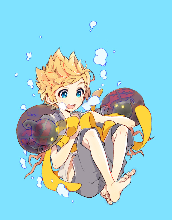 1boy, :o, air_bubble, alternate_costume, barefoot, blonde_hair, blue_background, blue_eyes