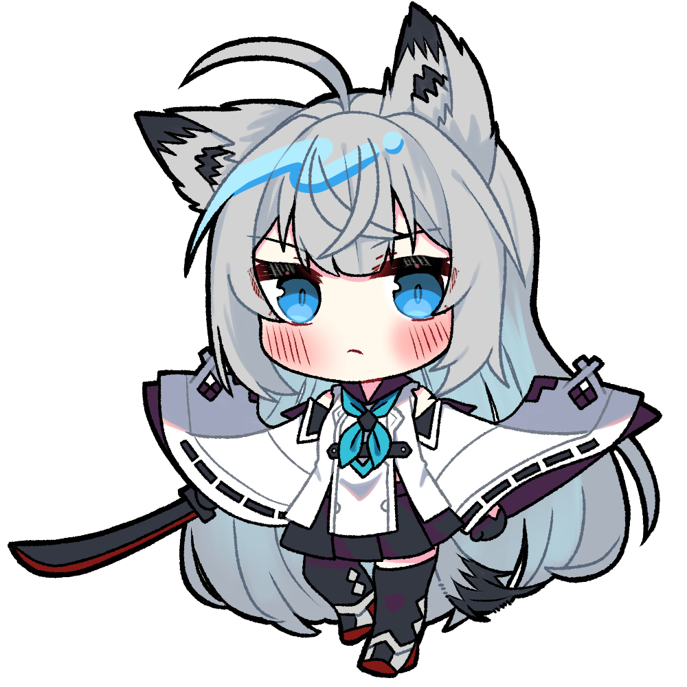 1girl, ahoge, amaya2002714, animal_ear_fluff, animal_ears, azur_lane, black_sailor_collar, black_skirt, black_thighhighs, blue_eyes, blue_neckerchief, blush, commentary_request, crossed_bangs, deformed, detached_sleeves, fox_ears, fox_girl, fox_tail, full_body, gloves, grey_hair, half_gloves, katana, kawakaze_(azur_lane), light_frown, long_hair, looking_at_viewer, neckerchief, no_nose, pleated_skirt, red_footwear, ribbon-trimmed_clothes, ribbon-trimmed_sleeves, ribbon_trim, sailor_collar, shirt, sidelocks, simple_background, skirt, solo, sword, tail, thigh-highs, very_long_hair, weapon, white_shirt, wide_sleeves