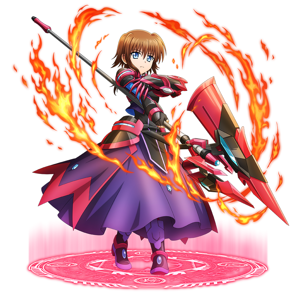 1girl, black_gloves, blue_eyes, brown_hair, claw_(weapon), dress, fingerless_gloves, fire, full_body, gloves, holding, holding_polearm, holding_weapon, luciferion, lyrical_nanoha, magic_circle, magical_girl, mahou_shoujo_lyrical_nanoha_detonation, official_art, overlord_(maruyama), polearm, purple_dress, pyrokinesis, short_hair, solo, stern_the_destructor, transparent_background, weapon