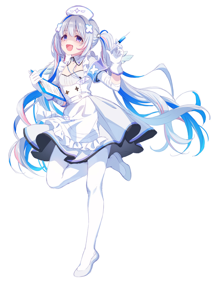 1girl, amane_kanata, amane_kanata_(nurse), blue_hair, clipboard, dress, full_body, gloves, grey_hair, hat, holding, holding_clipboard, holding_syringe, hololive, long_hair, mikami_nacaba, multicolored_hair, nurse_cap, pantyhose, shaded_face, syringe, twintails, two-tone_hair, very_long_hair, violet_eyes, virtual_youtuber, white_background, white_dress, white_gloves, white_pantyhose