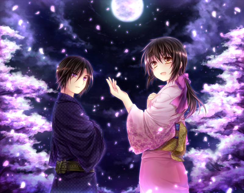black_hair, bow, brown_eyes, cherry_blossoms, cloud, full_moon, hair_bow, hakuouki_shinsengumi_kitan