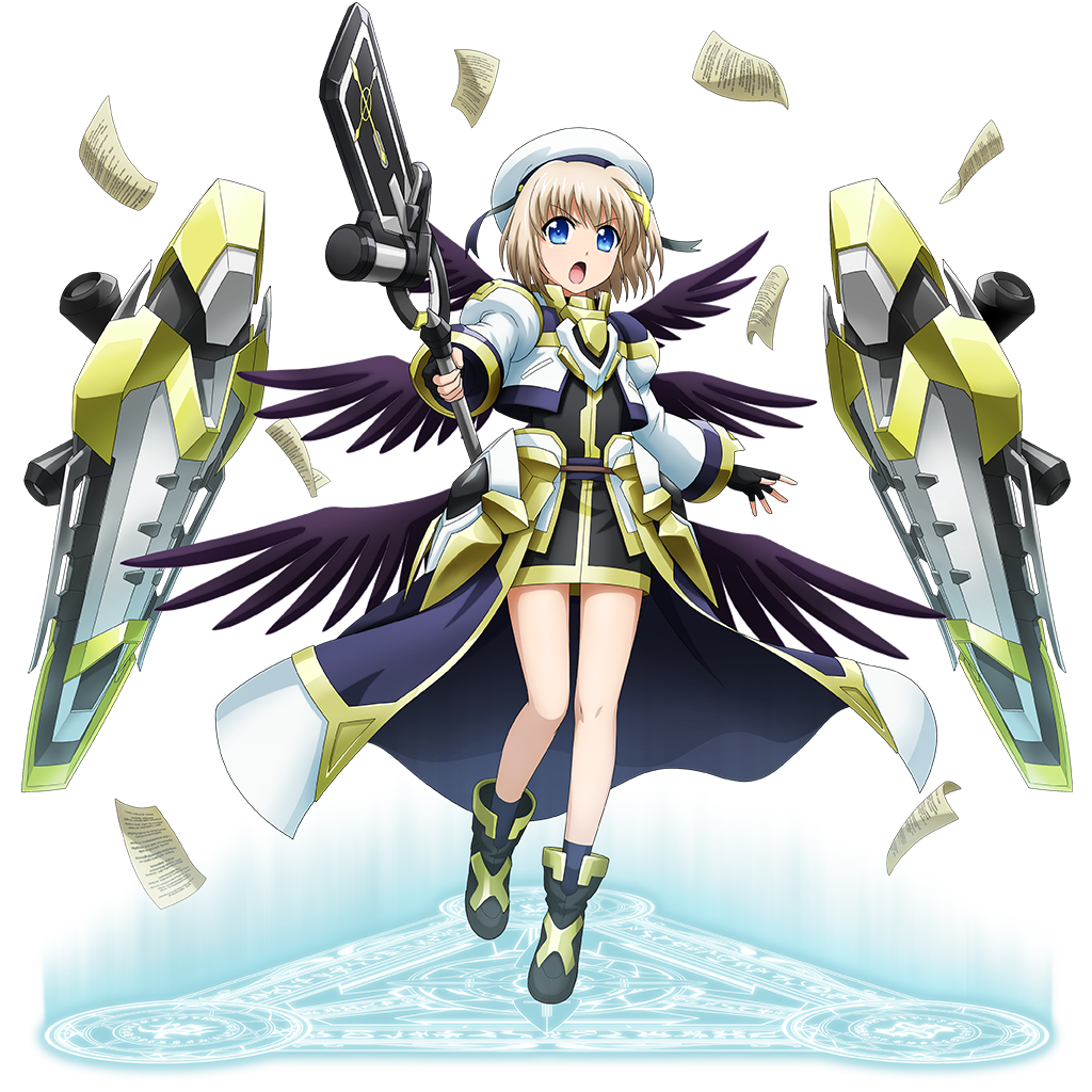 1girl, ankle_boots, black_dress, black_gloves, black_wings, blue_eyes, boots, cropped_jacket, dress, fingerless_gloves, flying_paper, fortress_(nanoha), full_body, gloves, hair_ornament, hat, holding, holding_staff, juliet_sleeves, long_sleeves, lyrical_nanoha, magic_circle, magical_girl, mahou_shoujo_lyrical_nanoha_detonation, multiple_wings, official_art, open_mouth, overlord_(maruyama), pages, paper, puffy_sleeves, rod_(nanoha), short_dress, solo, staff, transparent_background, unison_(nanoha), waist_cape, weapon, white_hat, wings, x_hair_ornament, yagami_hayate